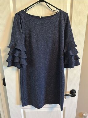 Glamour Navy Sparkle Ruffle-Sleeve Shift Dress